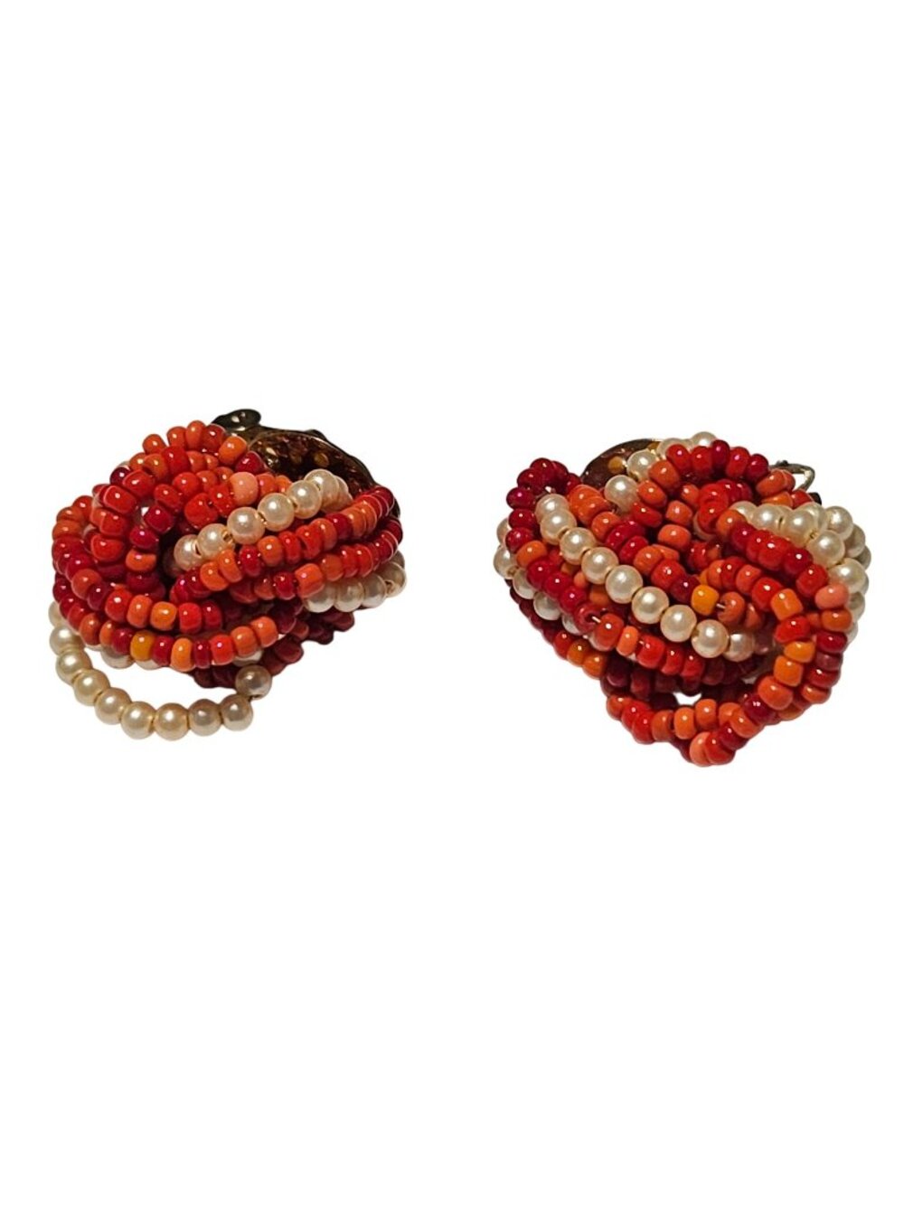 Vintage Beaded Clip On Earrings Faux Pearl Cluster Red Orange Retro 60s Jewelry